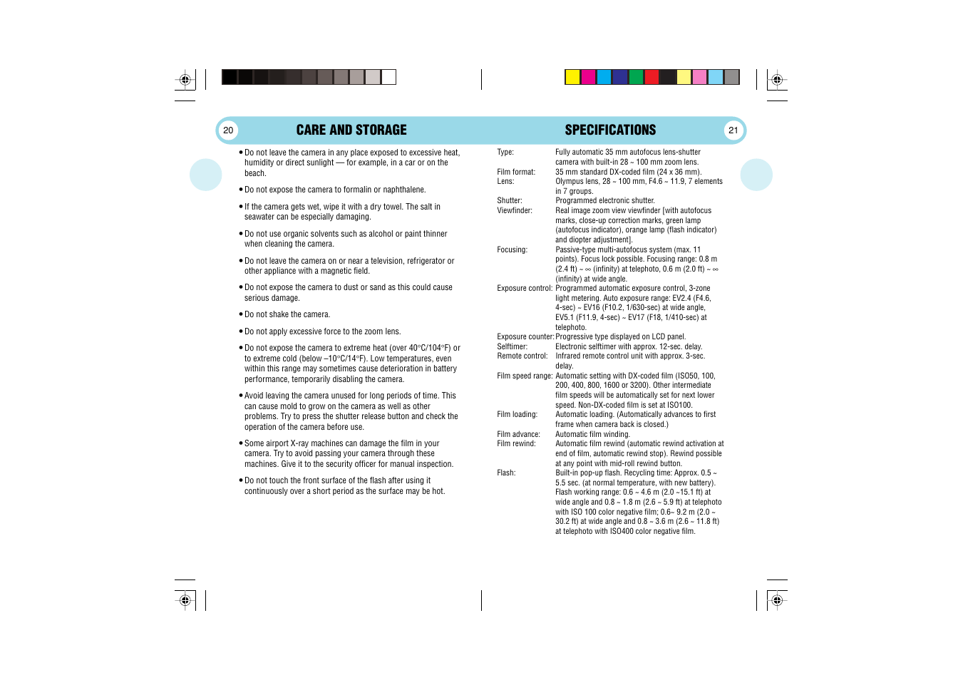 Care and storage, Specifications | Olympus Stylus Wide 100 User Manual | Page 11 / 12