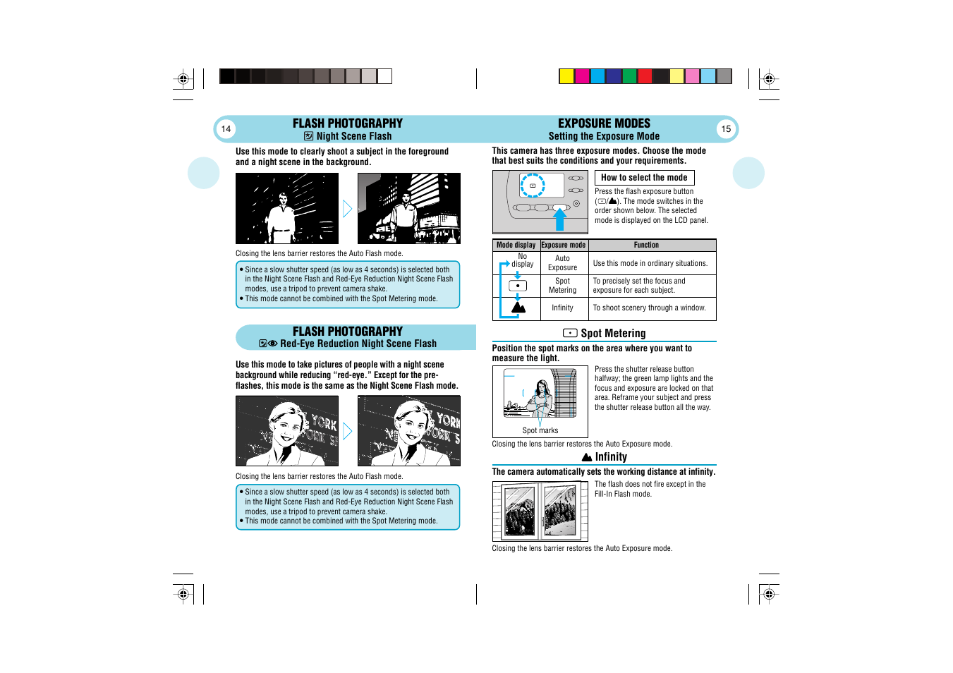 Flash photography, Exposure modes | Olympus Stylus Wide 100 User Manual | Page 8 / 12