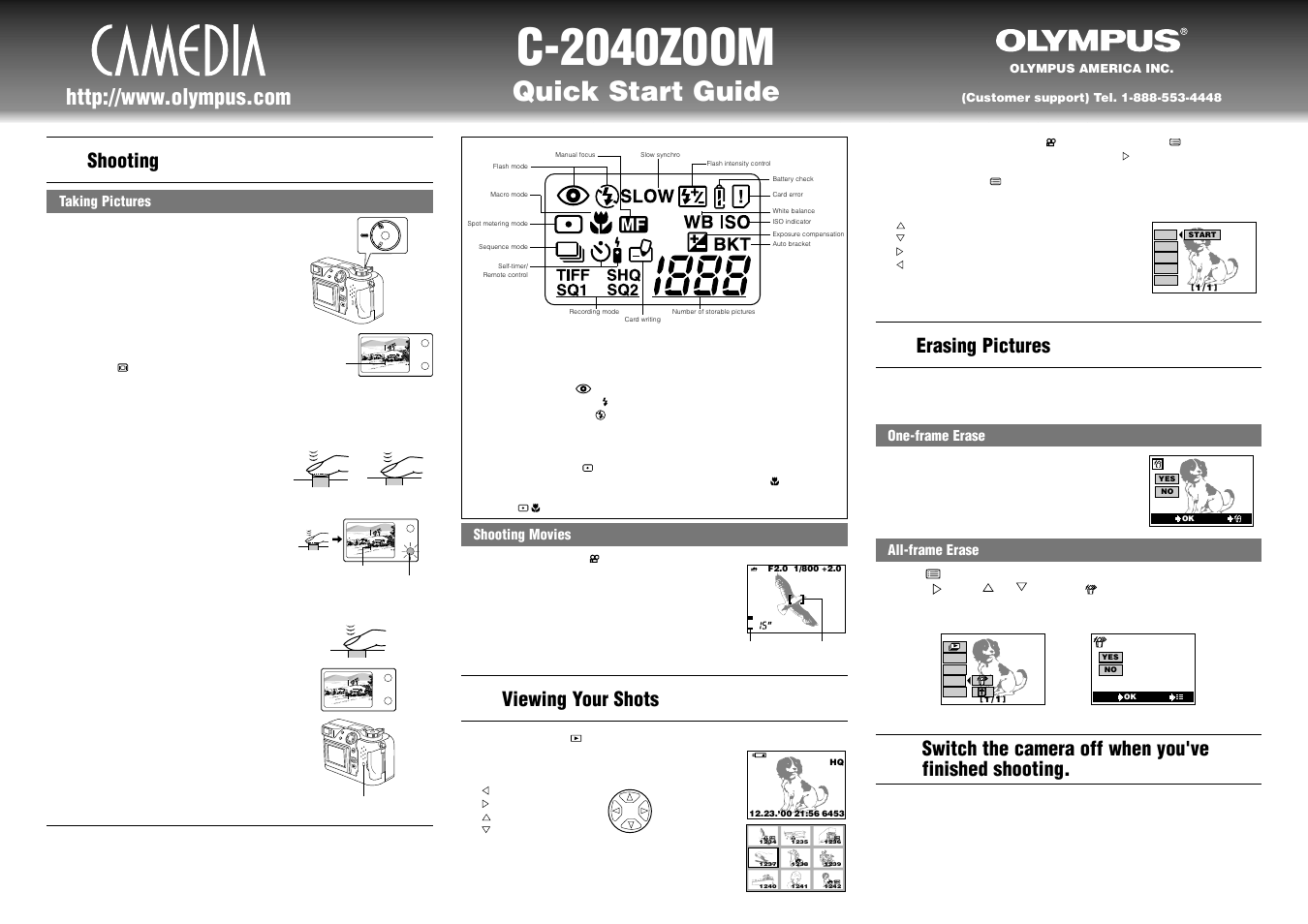 C-2040zoom, Quick start guide, Shooting | Erasing pictures, Viewing your shots | Olympus C-2040 User Manual | Page 2 / 2