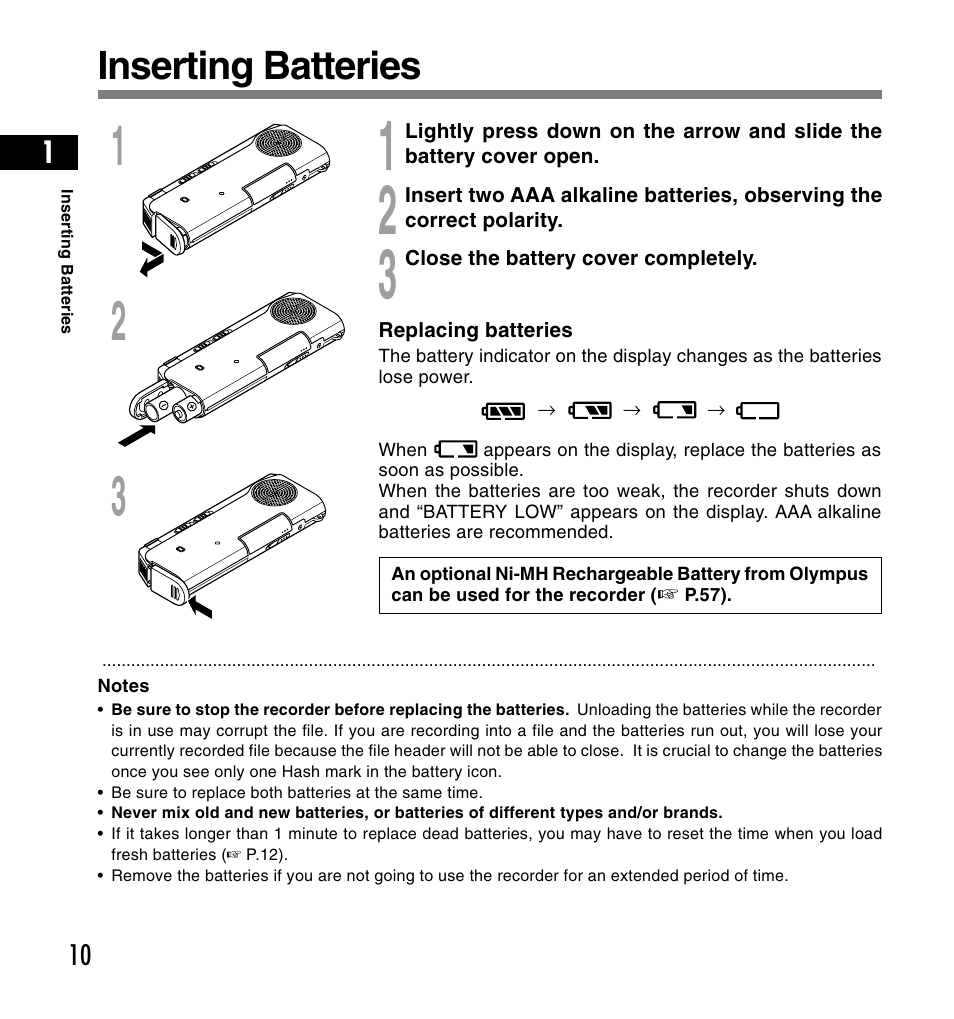 Inserting batteries | Olympus DS-2200 User Manual | Page 10 / 180