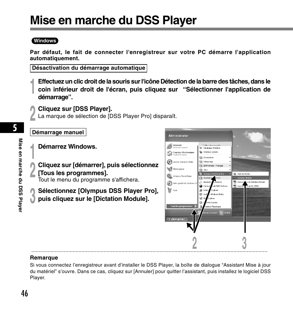 Mise en marche du dss player | Olympus DS-2200 User Manual | Page 106 / 180