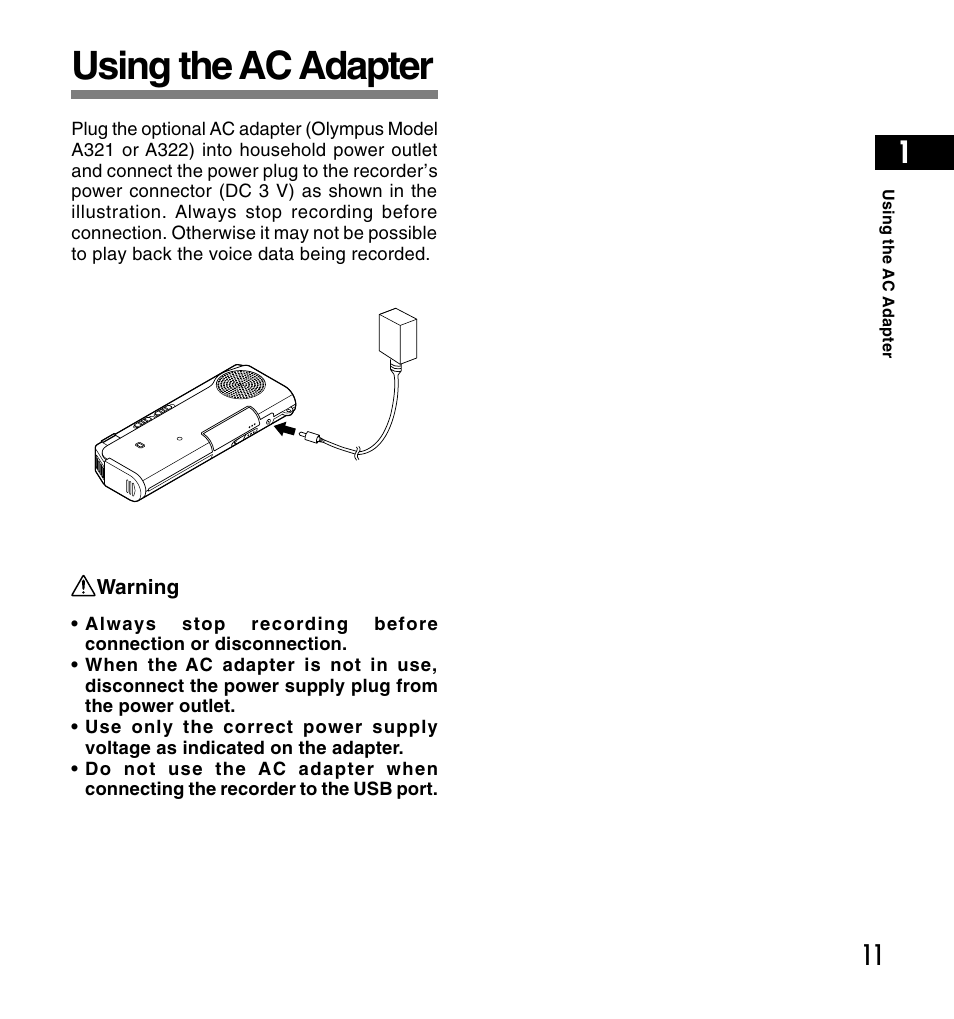 Using the ac adapter | Olympus DS-2200 User Manual | Page 11 / 180