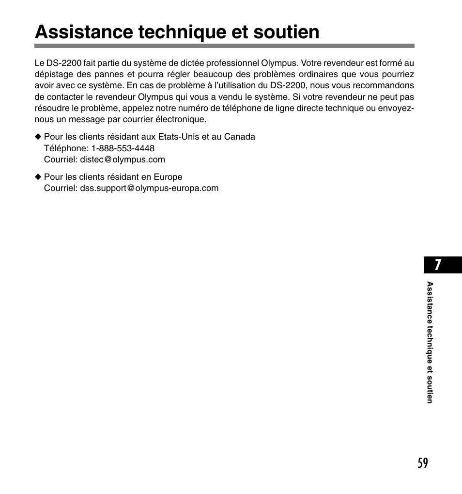 Assistance technique et soutien | Olympus DS-2200 User Manual | Page 119 / 180