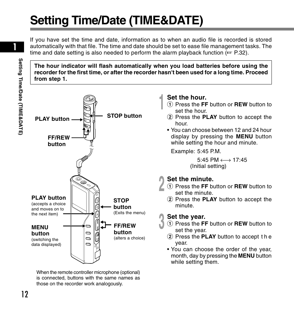 Setting time/date (time&date) | Olympus DS-2200 User Manual | Page 12 / 180