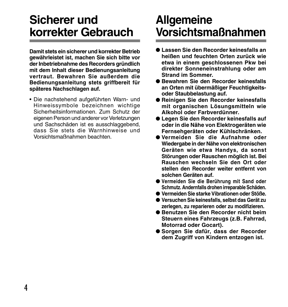 Sicherer und korrekter gebrauch, Allgemeine vorsichtsmaßnahmen | Olympus DS-2200 User Manual | Page 124 / 180