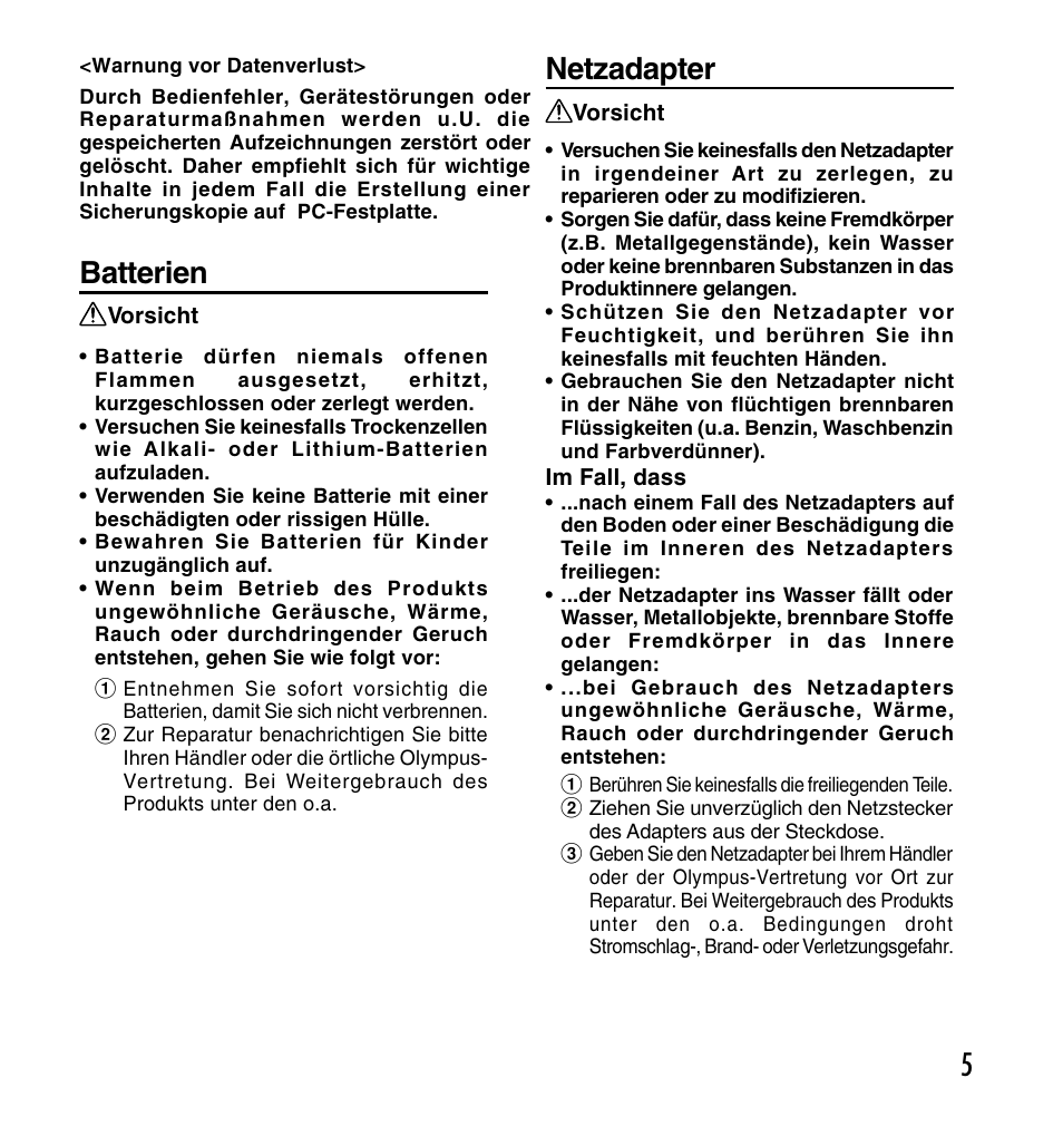 5batterien, Netzadapter | Olympus DS-2200 User Manual | Page 125 / 180