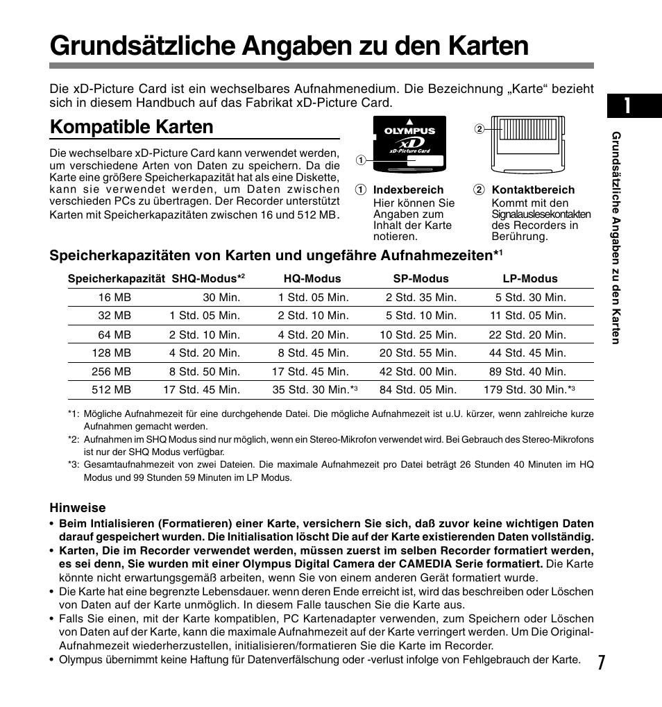 Grundsätzliche angaben zu den karten, Kompatible karten | Olympus DS-2200 User Manual | Page 127 / 180