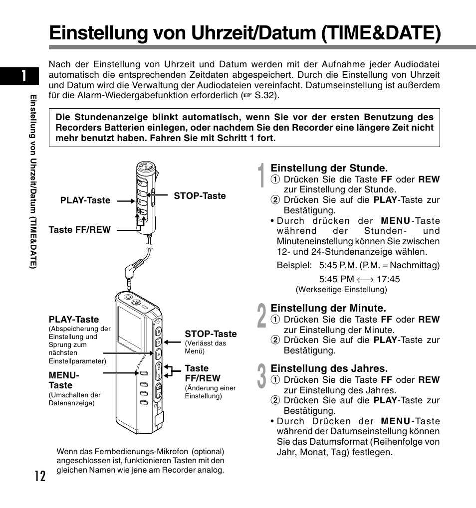 Einstellung von uhrzeit/datum (time&date) | Olympus DS-2200 User Manual | Page 132 / 180