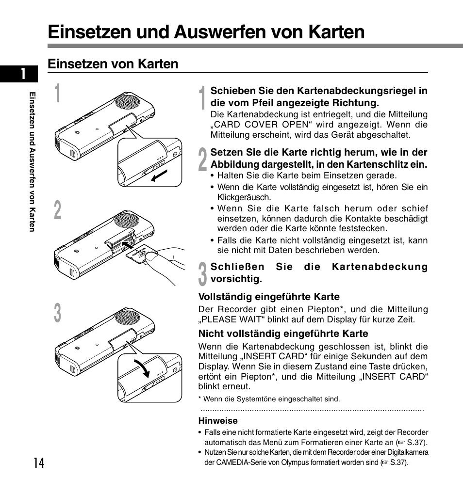 Einsetzen und auswerfen von karten | Olympus DS-2200 User Manual | Page 134 / 180