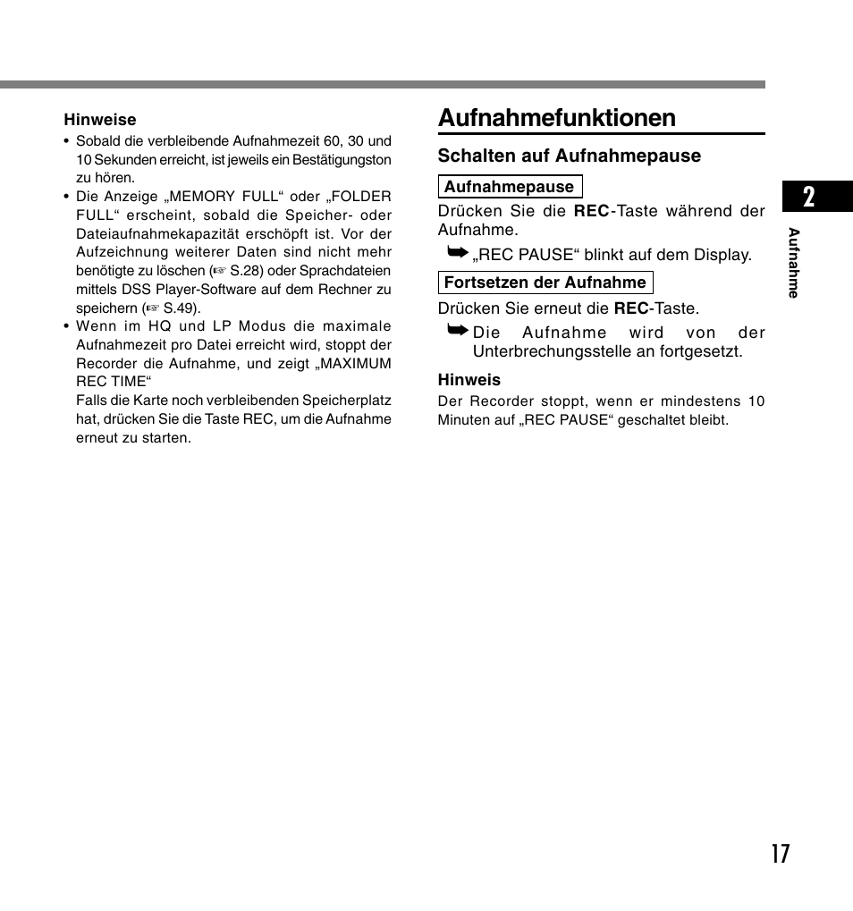 Aufnahmefunktionen | Olympus DS-2200 User Manual | Page 137 / 180
