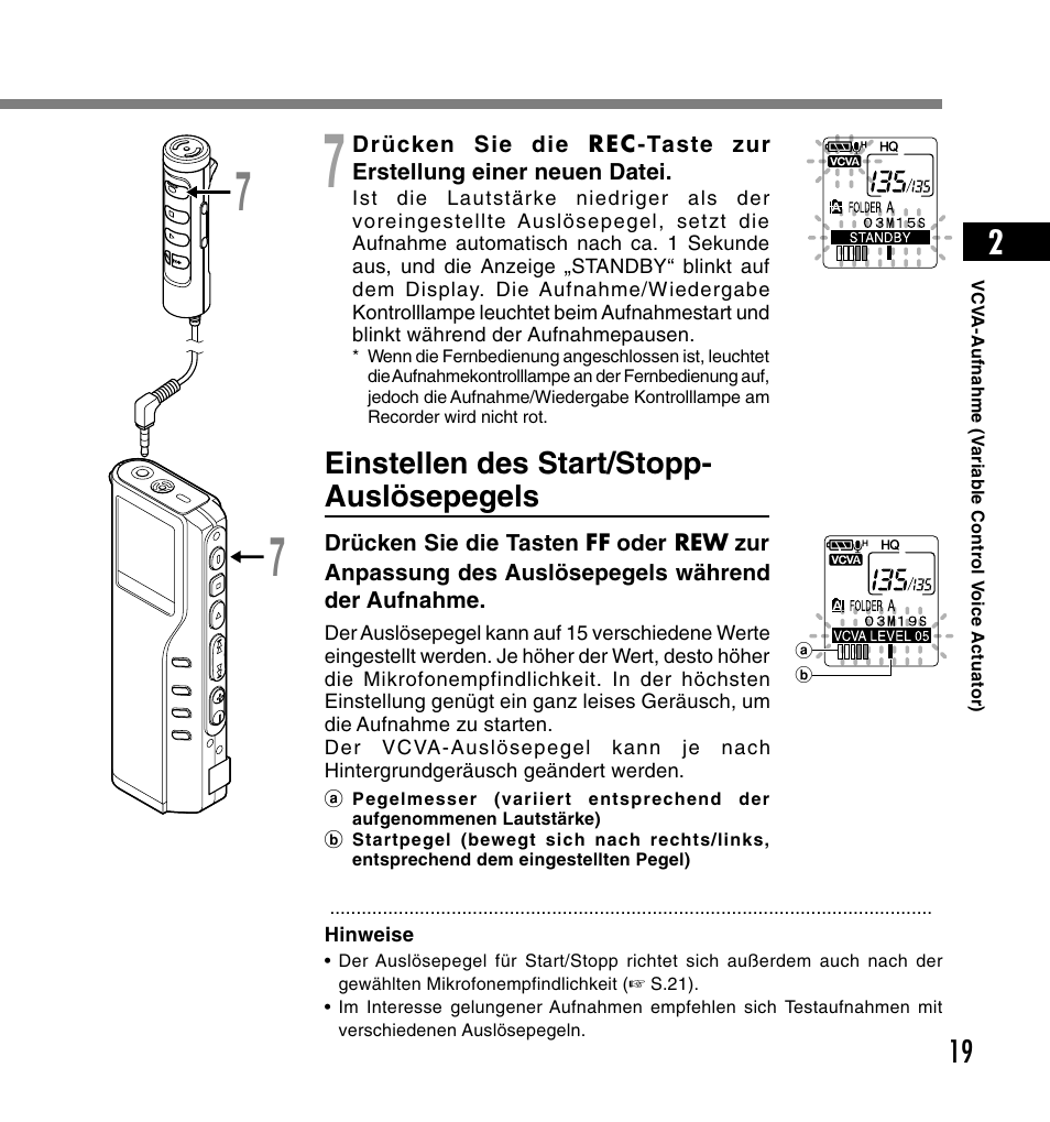 Einstellen des start/stopp- auslösepegels | Olympus DS-2200 User Manual | Page 139 / 180