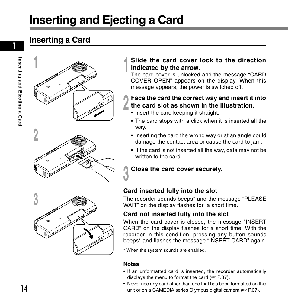 Inserting and ejecting a card | Olympus DS-2200 User Manual | Page 14 / 180