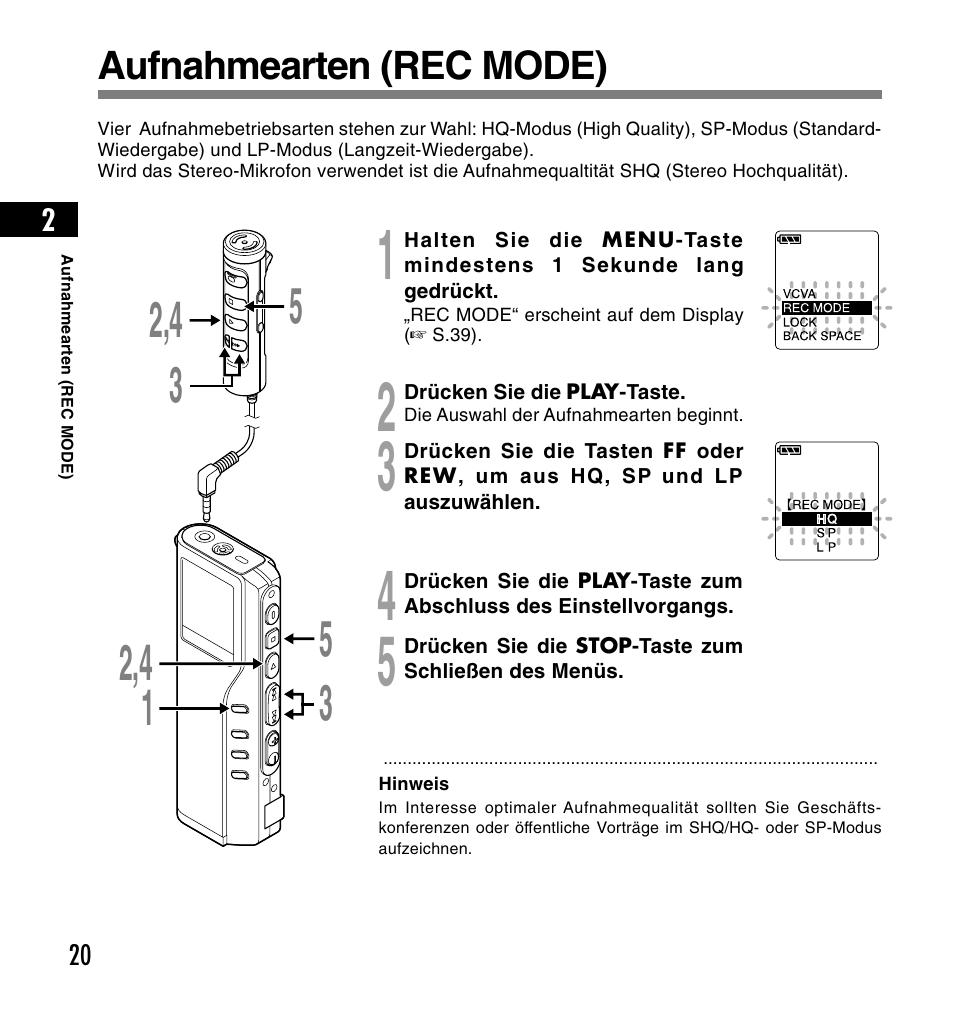 Aufnahmearten (rec mode) | Olympus DS-2200 User Manual | Page 140 / 180