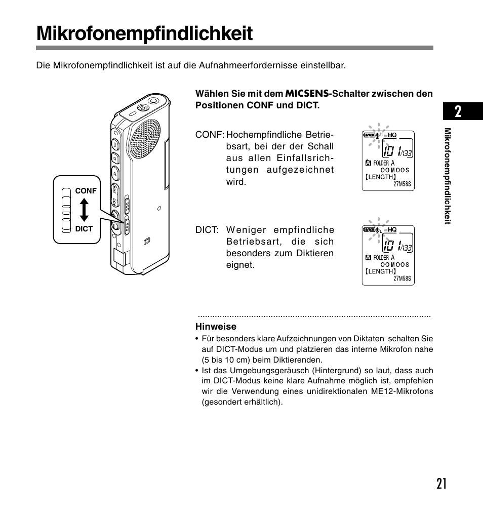 Mikrofonempfindlichkeit | Olympus DS-2200 User Manual | Page 141 / 180