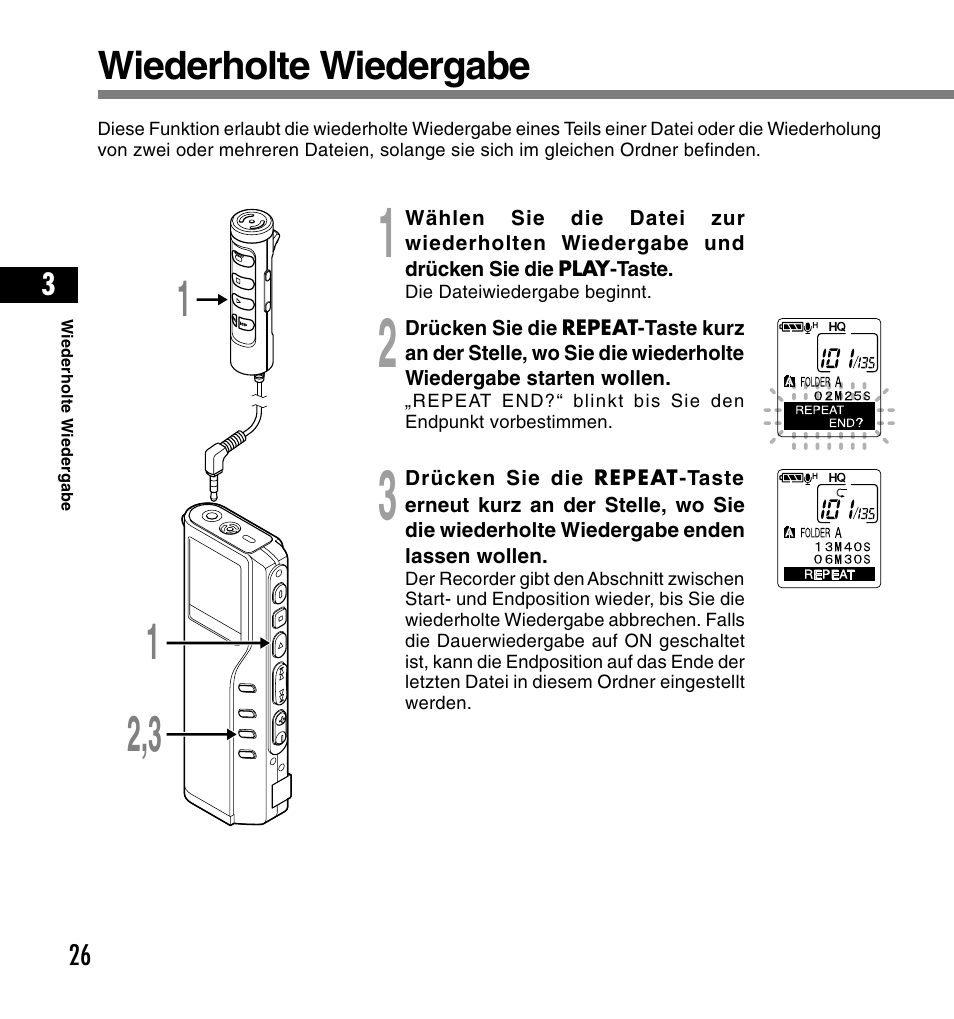 Wiederholte wiedergabe | Olympus DS-2200 User Manual | Page 146 / 180