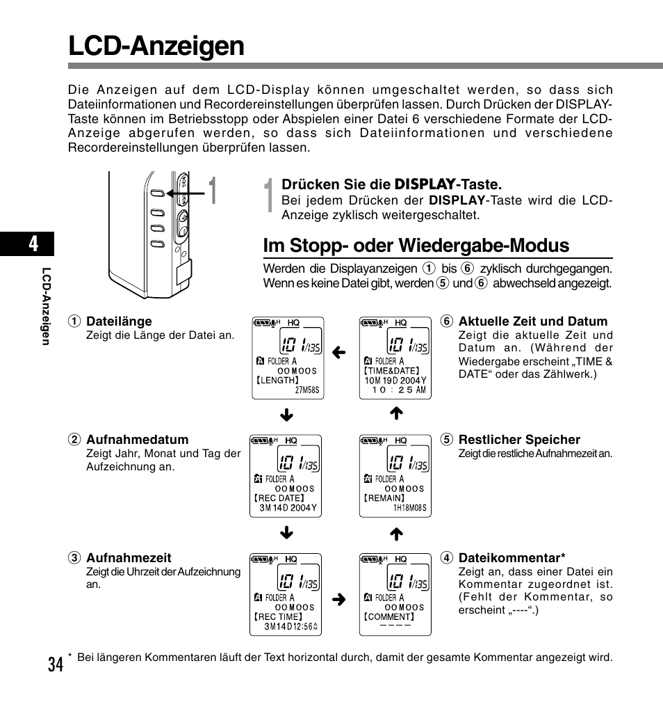 Lcd-anzeigen, Im stopp- oder wiedergabe-modus | Olympus DS-2200 User Manual | Page 154 / 180