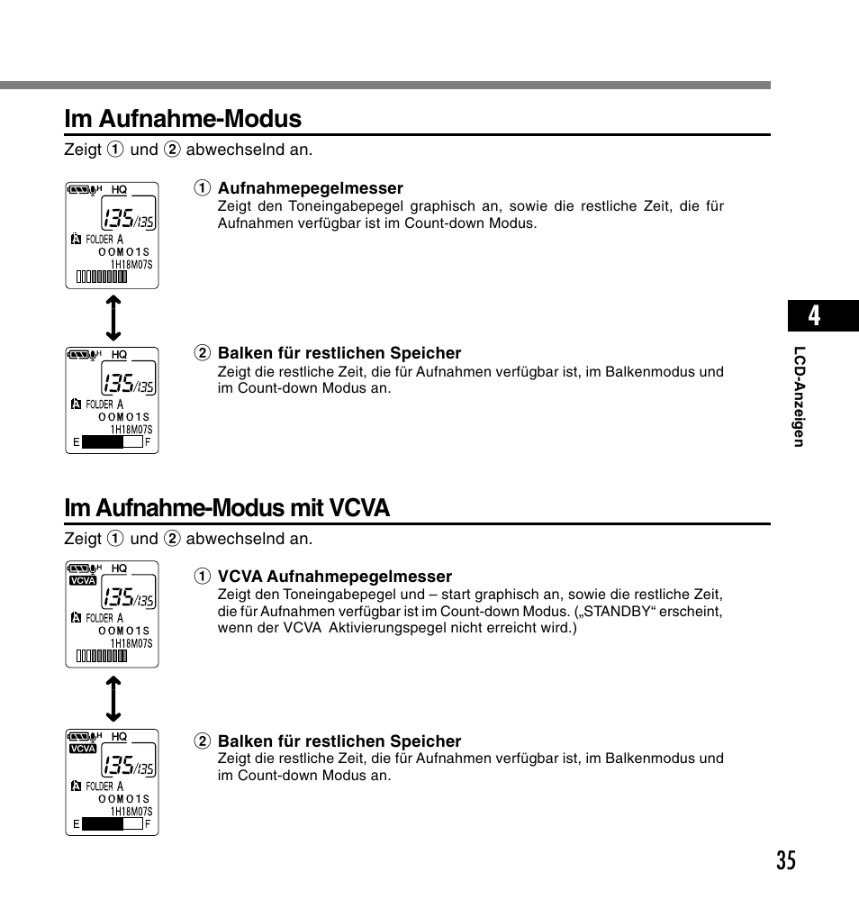 Im aufnahme-modus, Im aufnahme-modus mit vcva | Olympus DS-2200 User Manual | Page 155 / 180