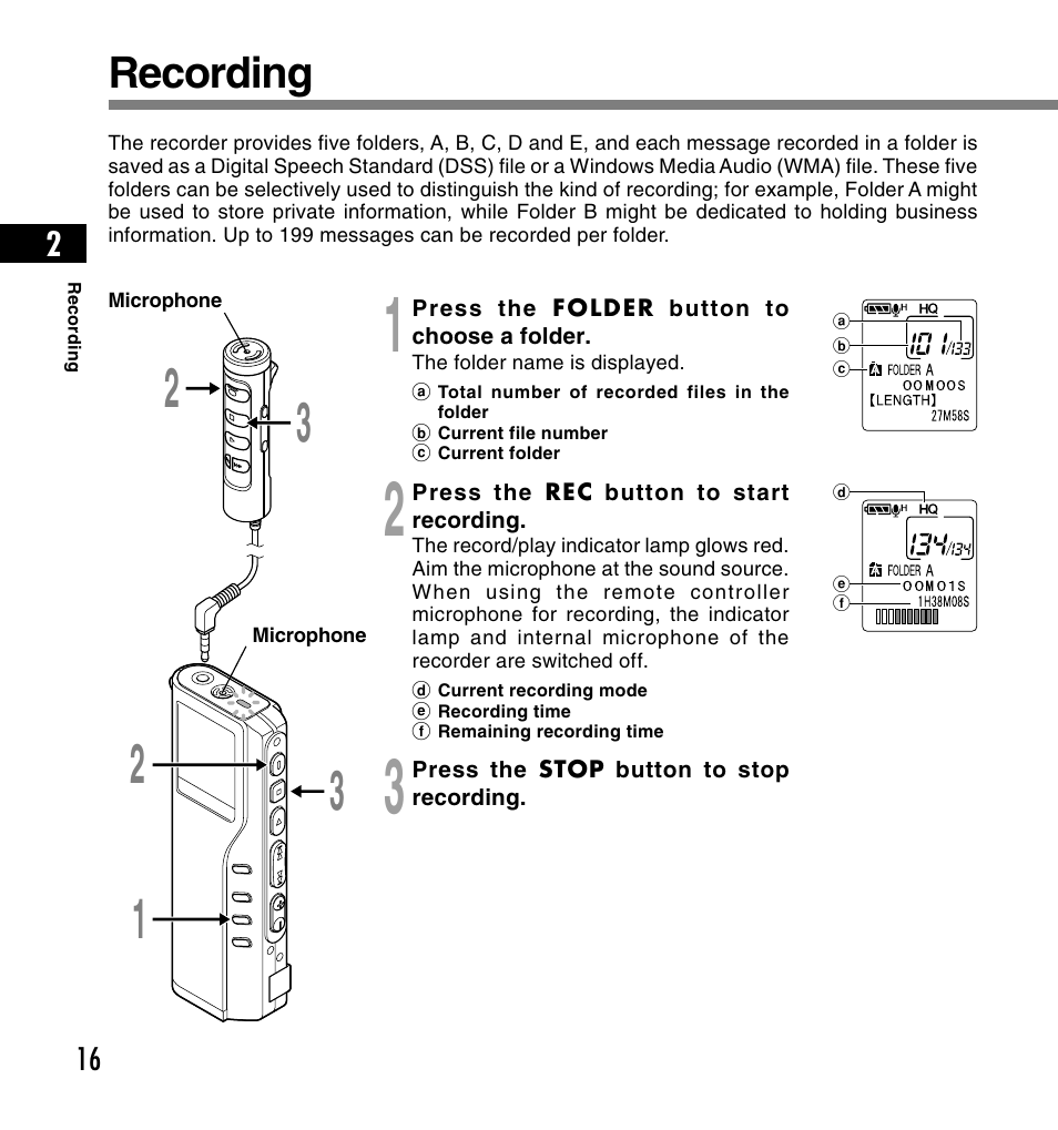 Recording | Olympus DS-2200 User Manual | Page 16 / 180