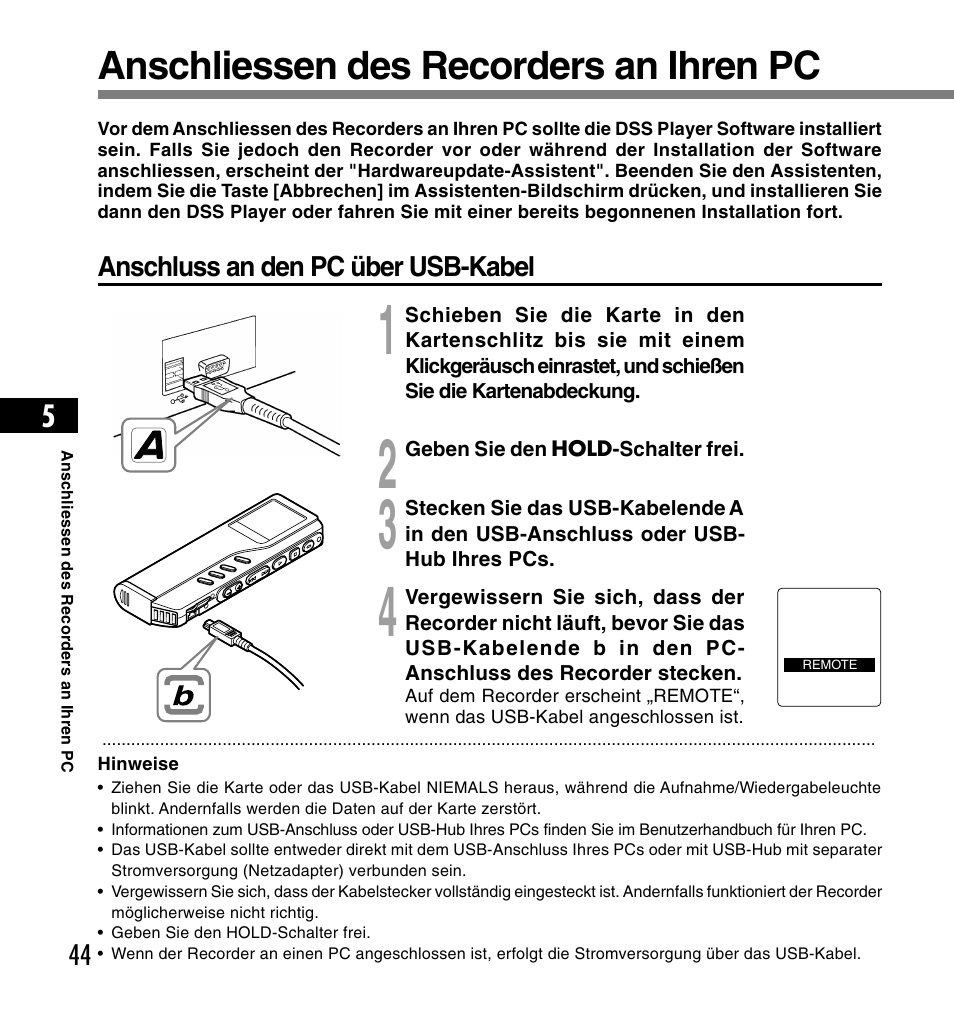 Anschliessen des recorders an ihren pc | Olympus DS-2200 User Manual | Page 164 / 180