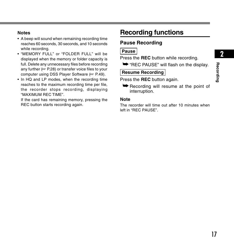 Recording functions | Olympus DS-2200 User Manual | Page 17 / 180