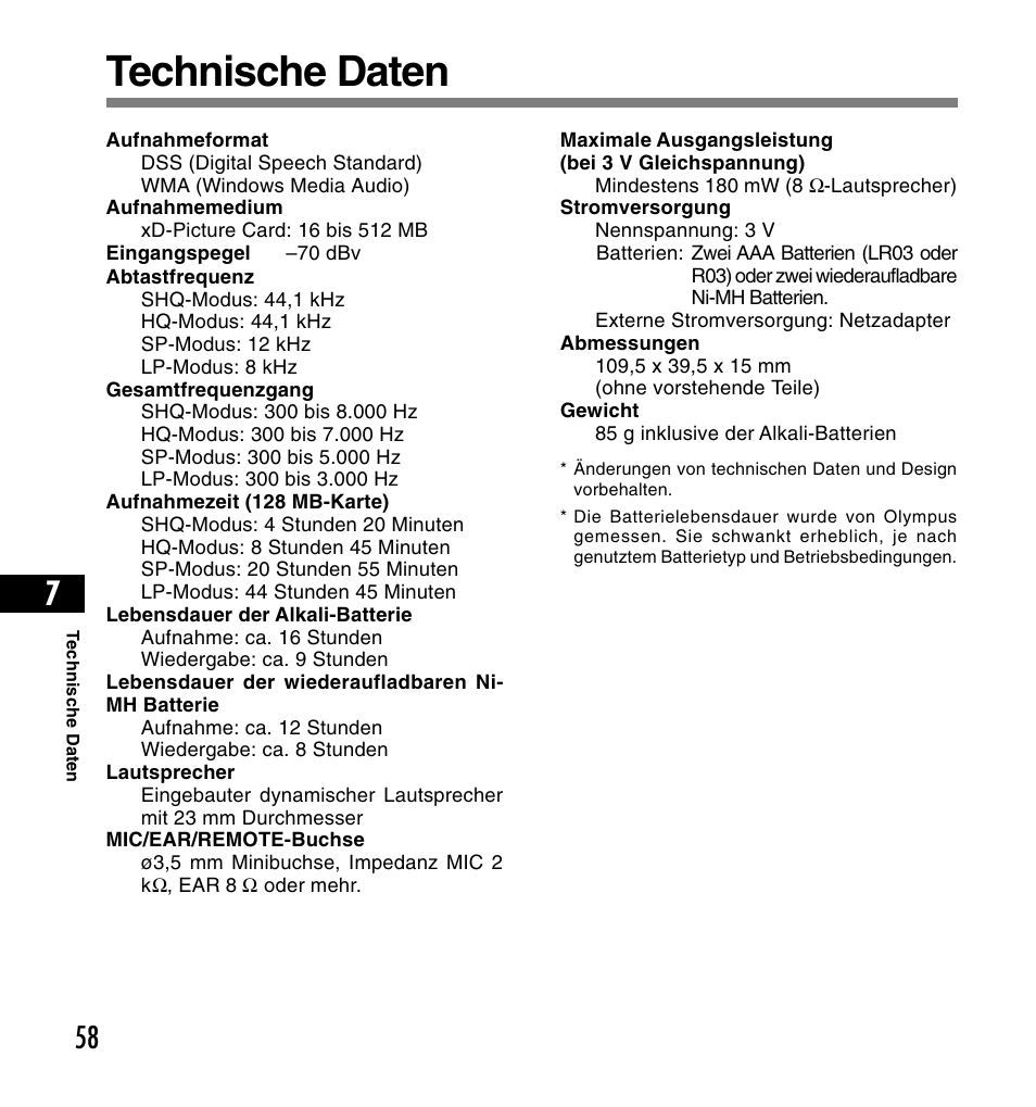 Technische daten | Olympus DS-2200 User Manual | Page 178 / 180