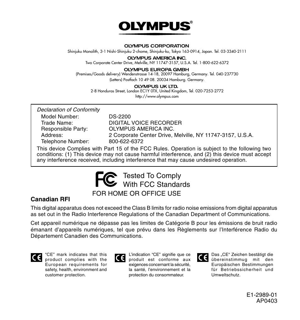 Tested to comply with fcc standards, For home or office use | Olympus DS-2200 User Manual | Page 180 / 180