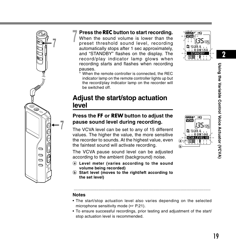 Adjust the start/stop actuation level | Olympus DS-2200 User Manual | Page 19 / 180