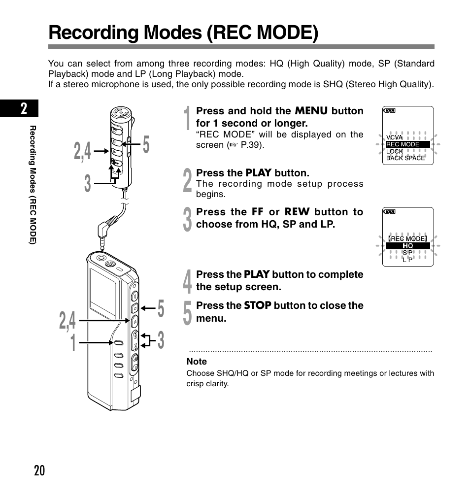 Recording modes (rec mode) | Olympus DS-2200 User Manual | Page 20 / 180