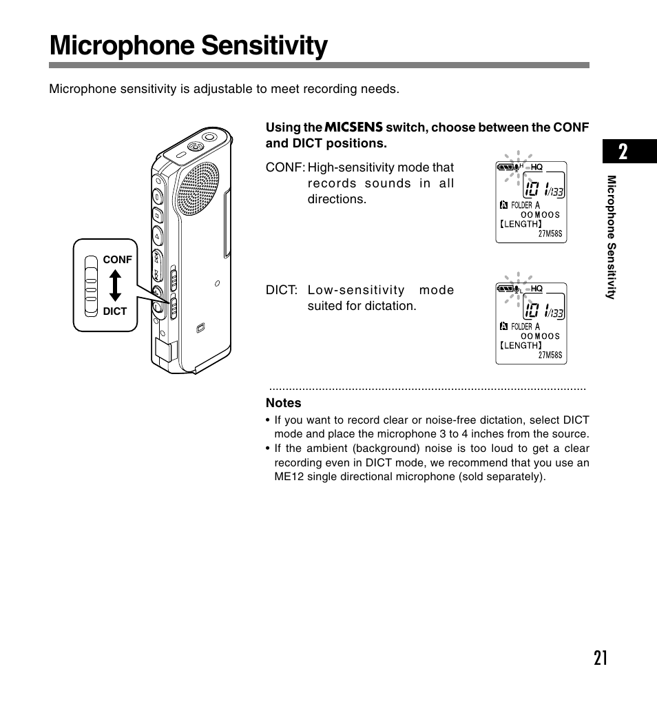 Microphone sensitivity | Olympus DS-2200 User Manual | Page 21 / 180