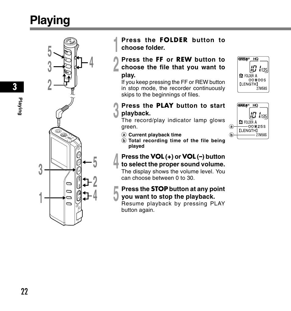 Playing | Olympus DS-2200 User Manual | Page 22 / 180