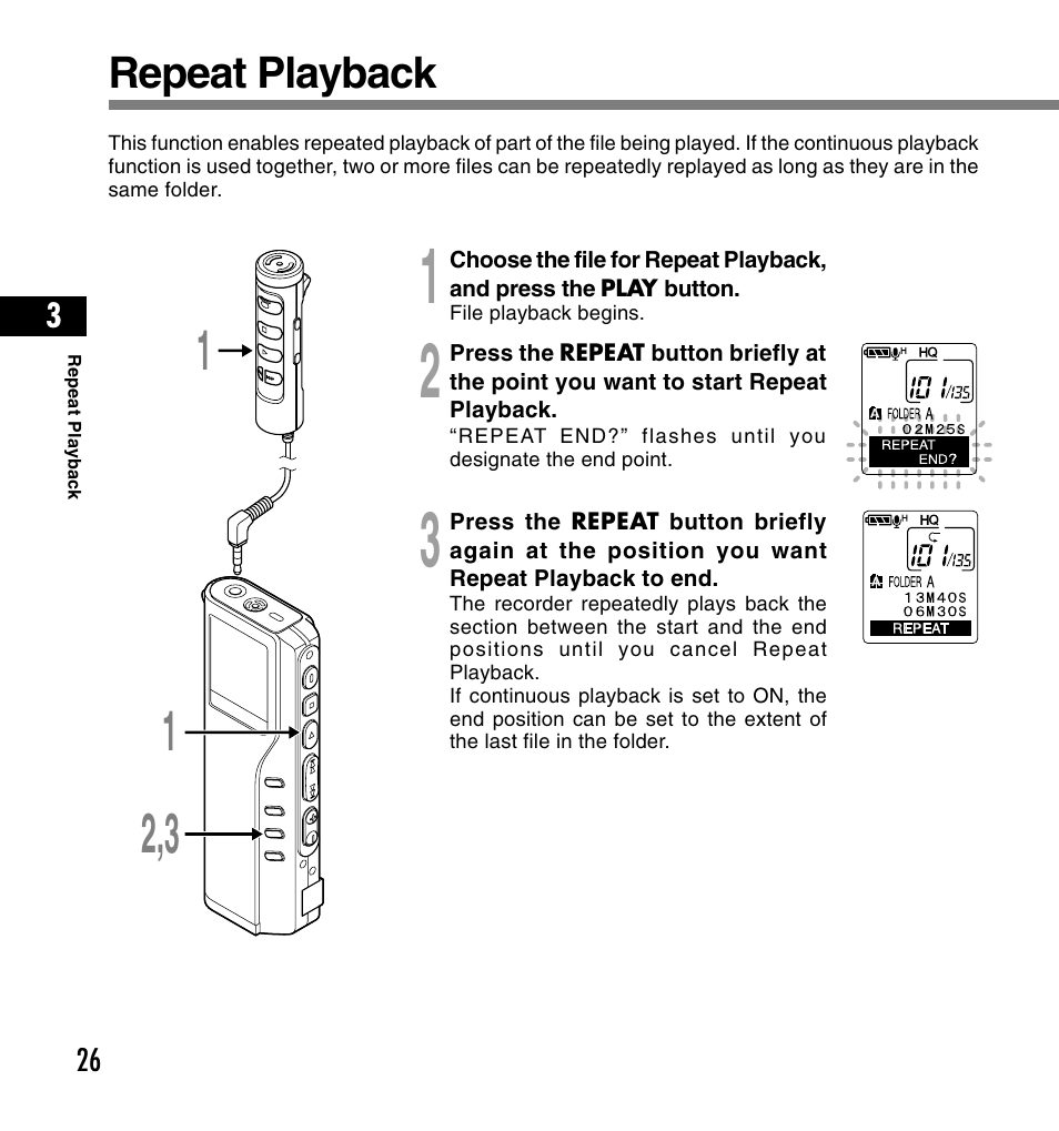 Repeat playback | Olympus DS-2200 User Manual | Page 26 / 180