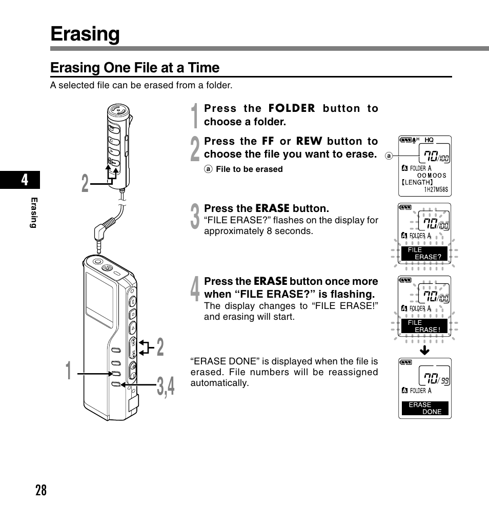 Erasing | Olympus DS-2200 User Manual | Page 28 / 180