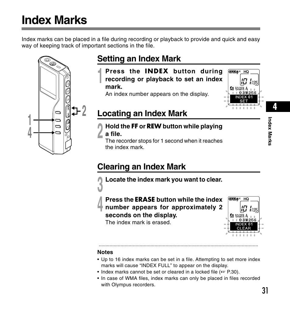 Index marks | Olympus DS-2200 User Manual | Page 31 / 180