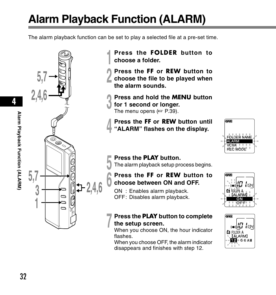 Alarm playback function (alarm) | Olympus DS-2200 User Manual | Page 32 / 180