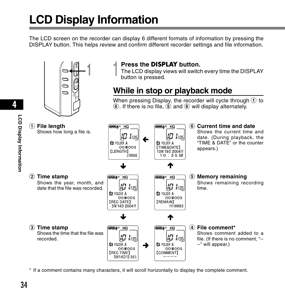 Lcd display information, While in stop or playback mode | Olympus DS-2200 User Manual | Page 34 / 180