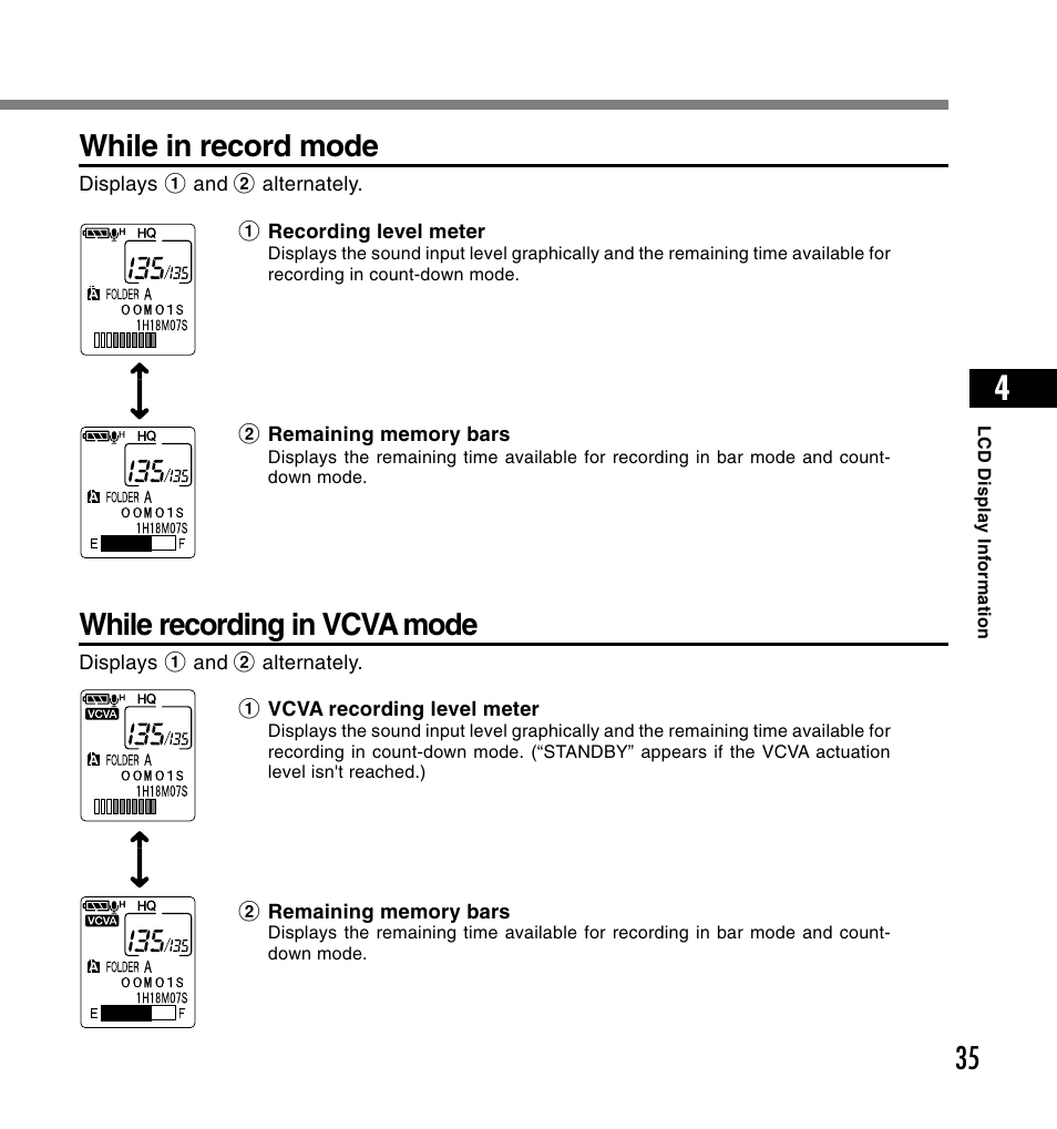 While in record mode, While recording in vcva mode | Olympus DS-2200 User Manual | Page 35 / 180