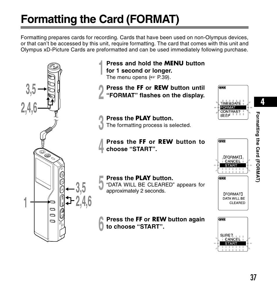 Formatting the card (format) | Olympus DS-2200 User Manual | Page 37 / 180