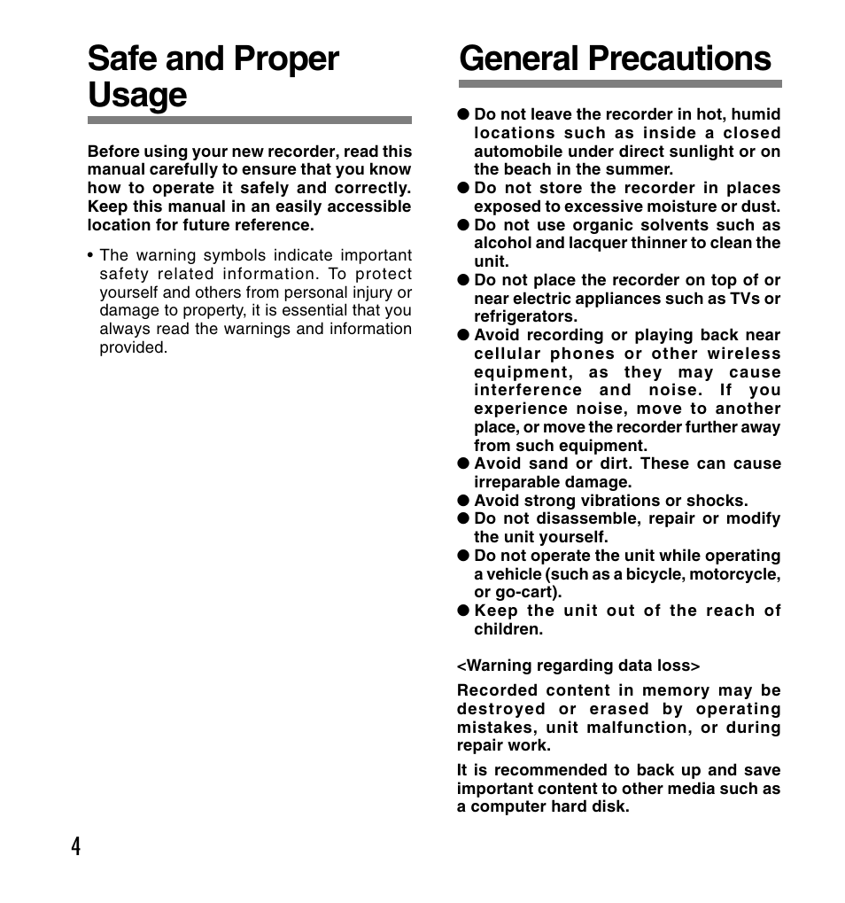 Safe and proper usage, General precautions | Olympus DS-2200 User Manual | Page 4 / 180