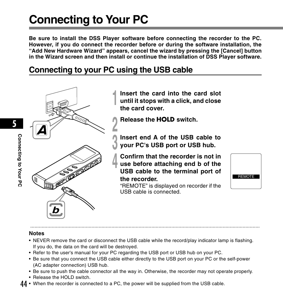 Connecting to your pc | Olympus DS-2200 User Manual | Page 44 / 180