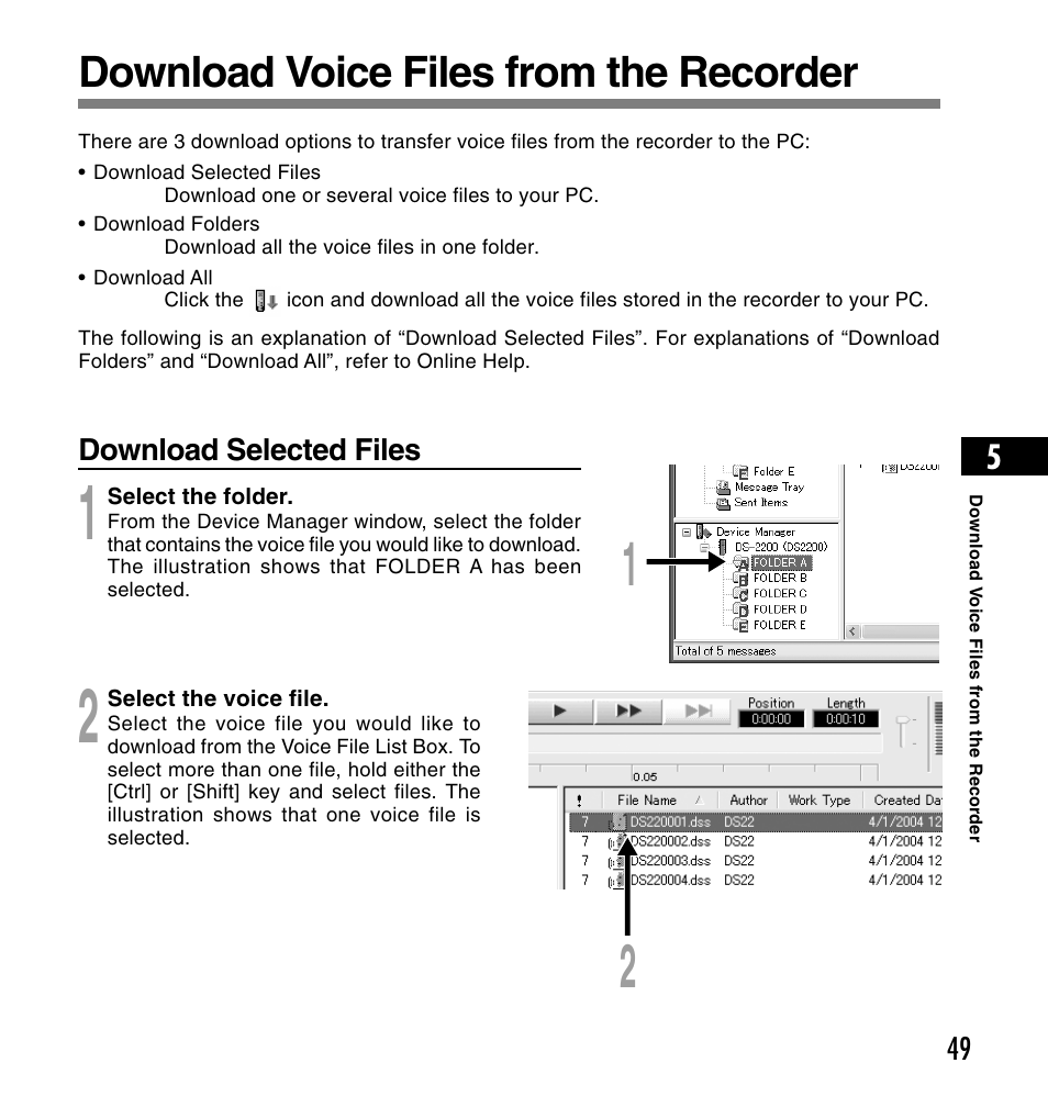 Download voice files from the recorder | Olympus DS-2200 User Manual | Page 49 / 180