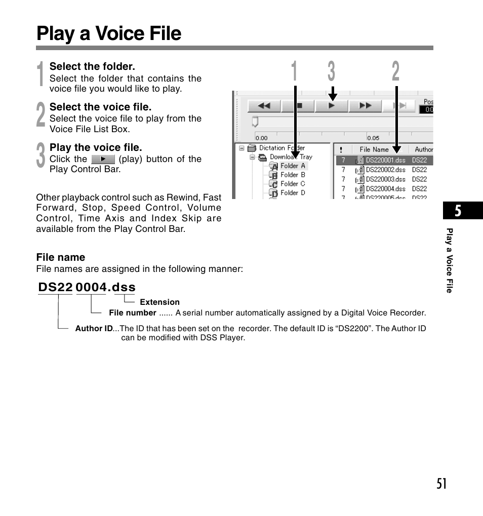 Play a voice file | Olympus DS-2200 User Manual | Page 51 / 180