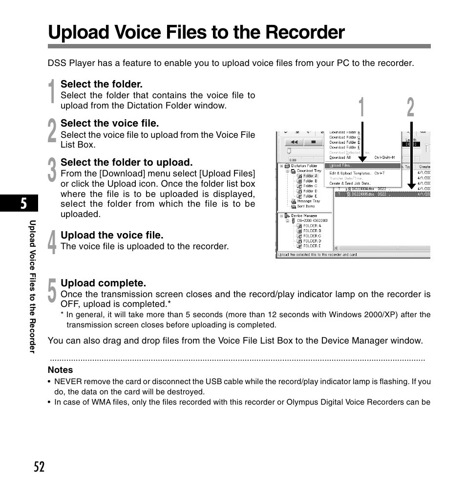 Upload voice files to the recorder | Olympus DS-2200 User Manual | Page 52 / 180