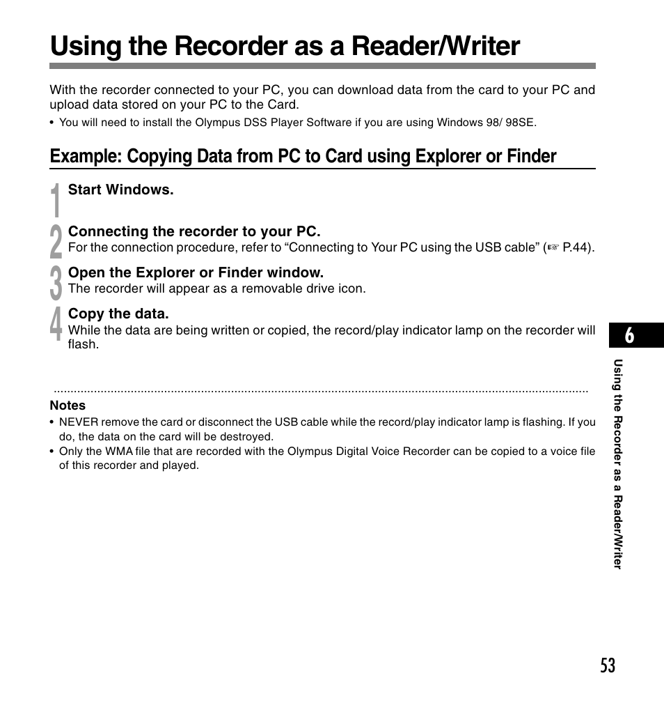 Using the recorder as a reader/writer | Olympus DS-2200 User Manual | Page 53 / 180