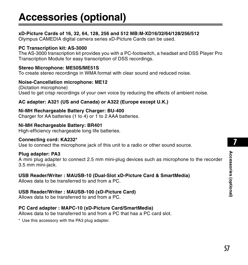 Accessories (optional) | Olympus DS-2200 User Manual | Page 57 / 180