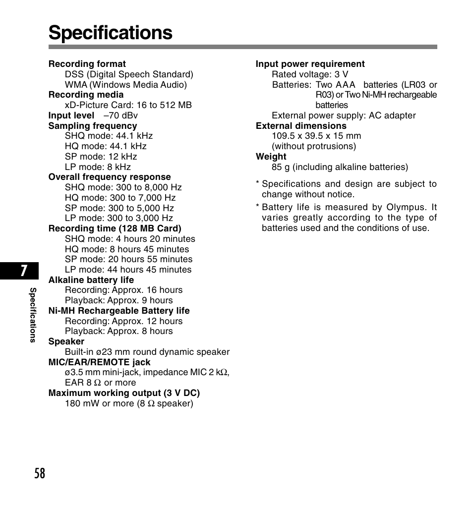 Specifications | Olympus DS-2200 User Manual | Page 58 / 180