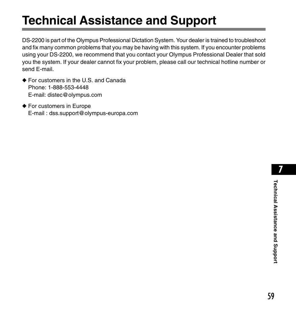 Technical assistance and support | Olympus DS-2200 User Manual | Page 59 / 180