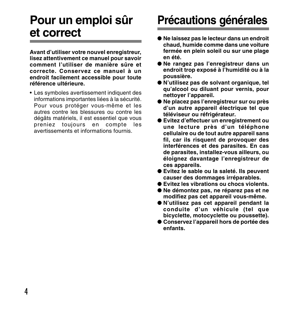 Pour un emploi sûr et correct, Précautions générales | Olympus DS-2200 User Manual | Page 64 / 180