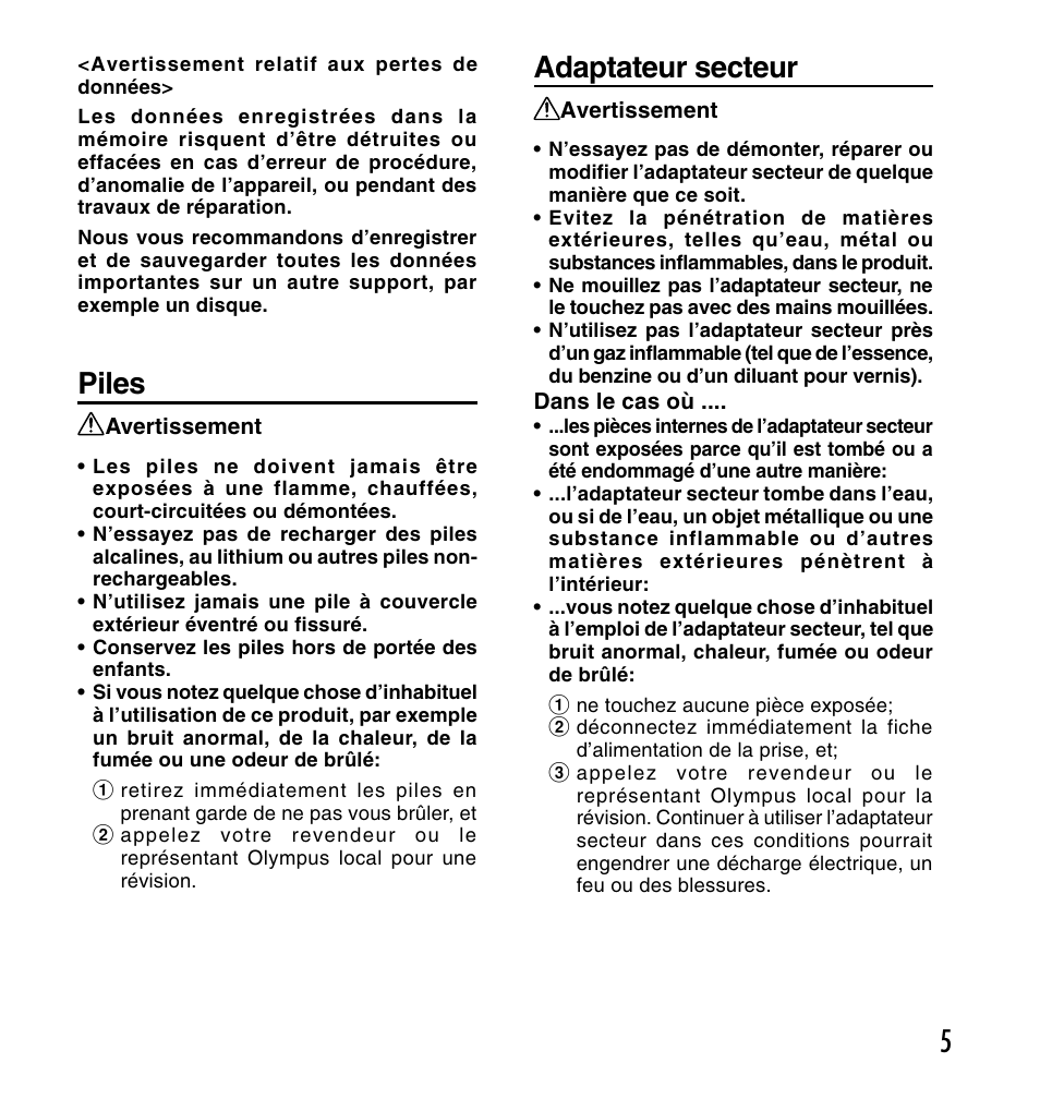 5piles, Adaptateur secteur | Olympus DS-2200 User Manual | Page 65 / 180