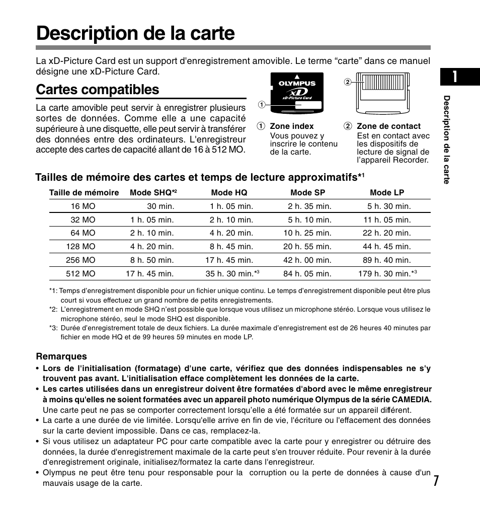 Description de la carte, Cartes compatibles | Olympus DS-2200 User Manual | Page 67 / 180