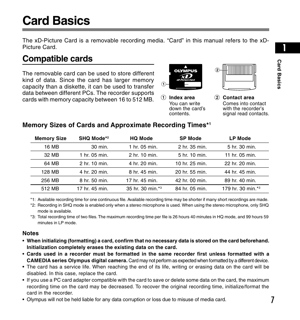 Card basics, Compatible cards | Olympus DS-2200 User Manual | Page 7 / 180